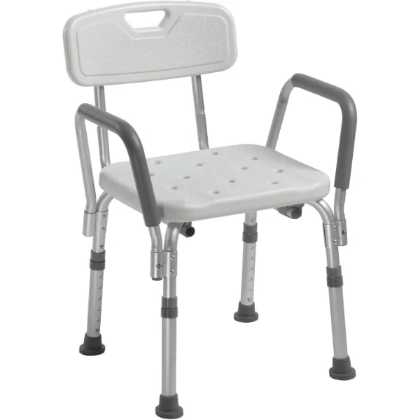 White shower chair with a backrest, padded arms and adjustable aluminum legs