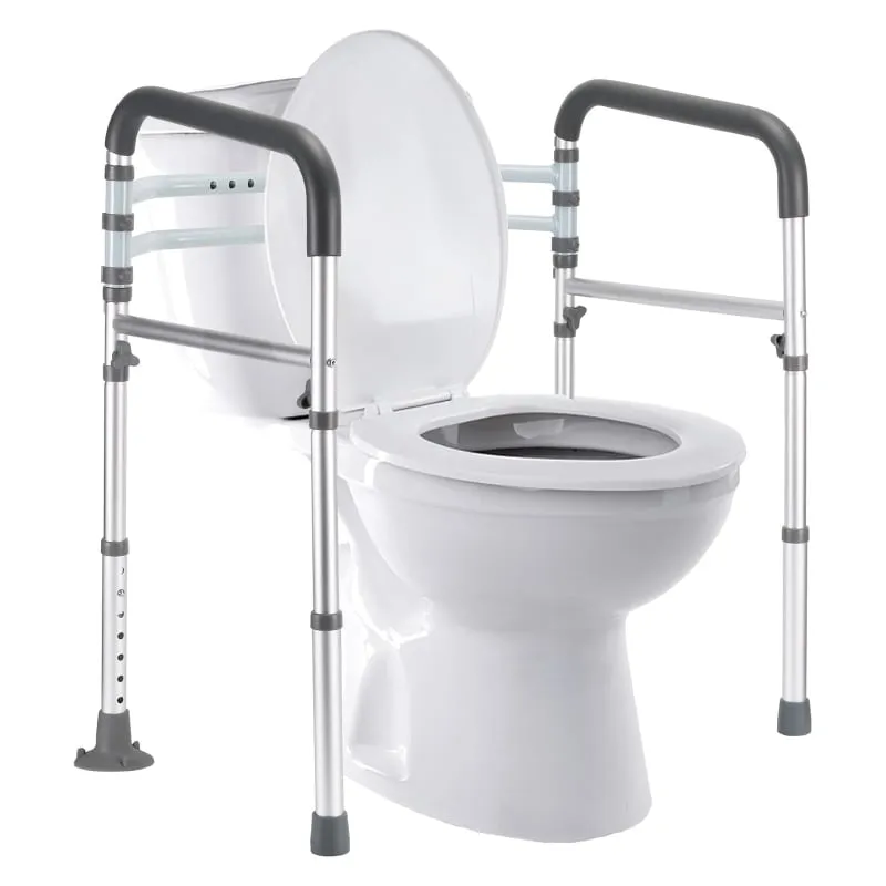 Freestanding folding toilet safety rails with adjustable legs
