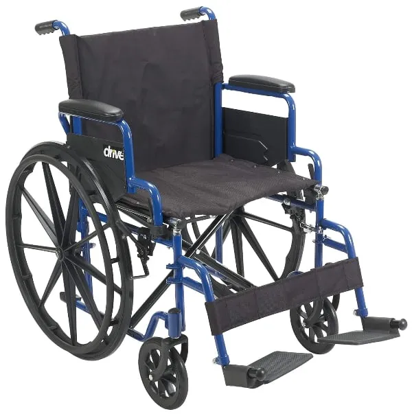 Drive foldable wheelchair with a blue frame, black seat and swing-away footrests